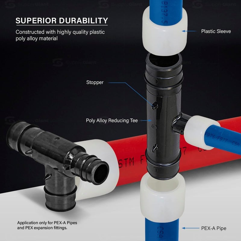 Supply Giant Poly Pex-A Expansion Tee Fitting 3/4" x 1/2" x 3/4", F1960 Tee 1 Inch x 1 Inch x 1/2 Inch Expansion Barb Connections, Plastic Pipe Fitting for use with Pex-A Tubing (Pack of 5) - Image 5